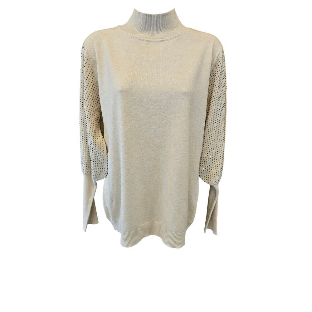 NWT LIV Milano XL neutral cream studded embellished arms puff sleeve mock neck